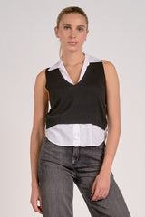Layered Sleeveless Collared Sweater Top Black