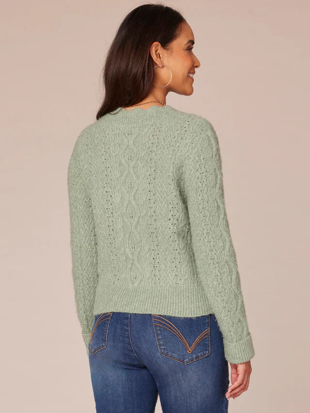 Scallop Edge Round Neck Pointelle Sweater Heather Spruce