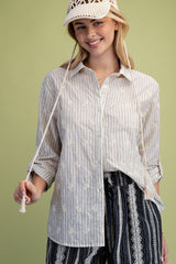 Embroidered Eyelet Stripe Cotton Gauze Shirt Natural