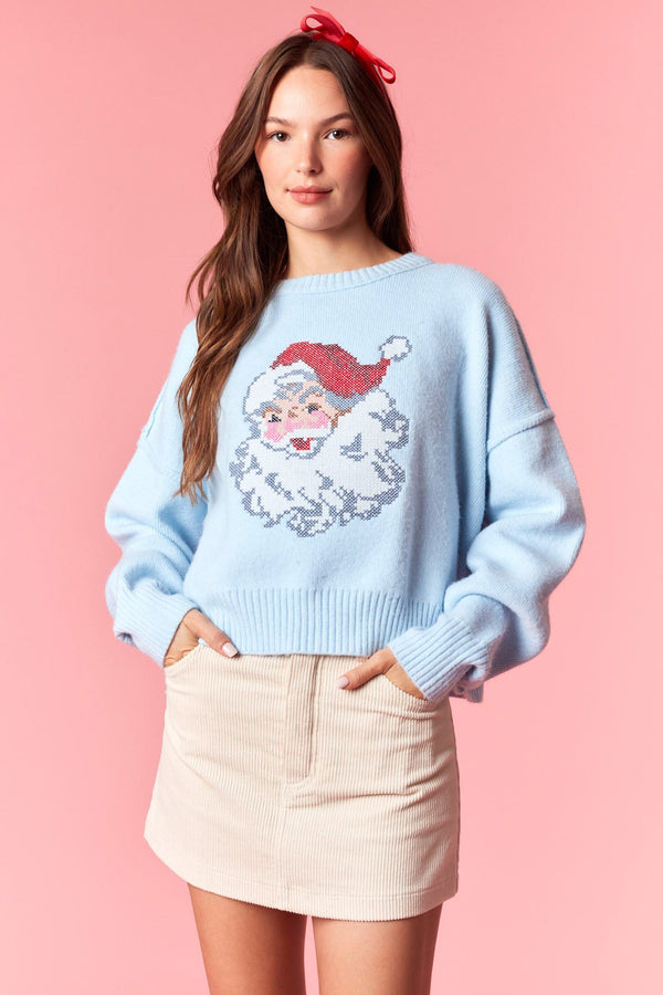 Santa Cross Stitch Detailed Sweater Light Blue