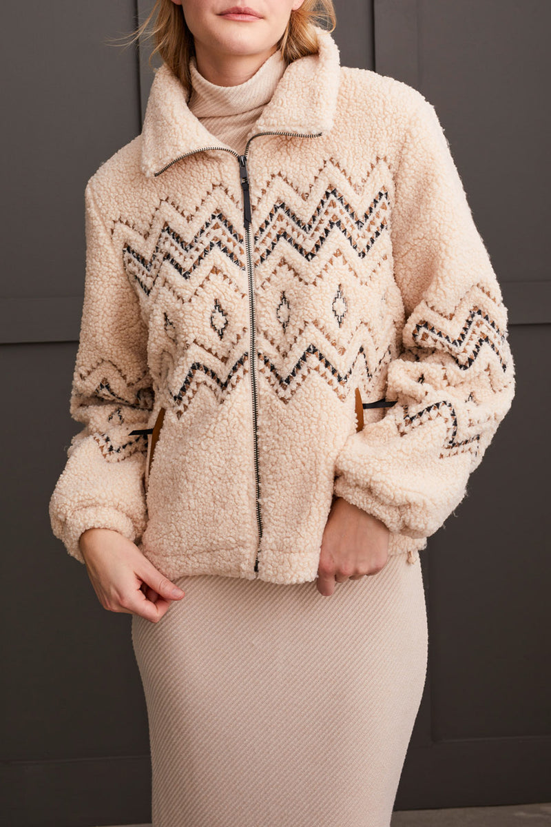 Embroidered Diamonds Zig Zag Sherpa Jacket Latte