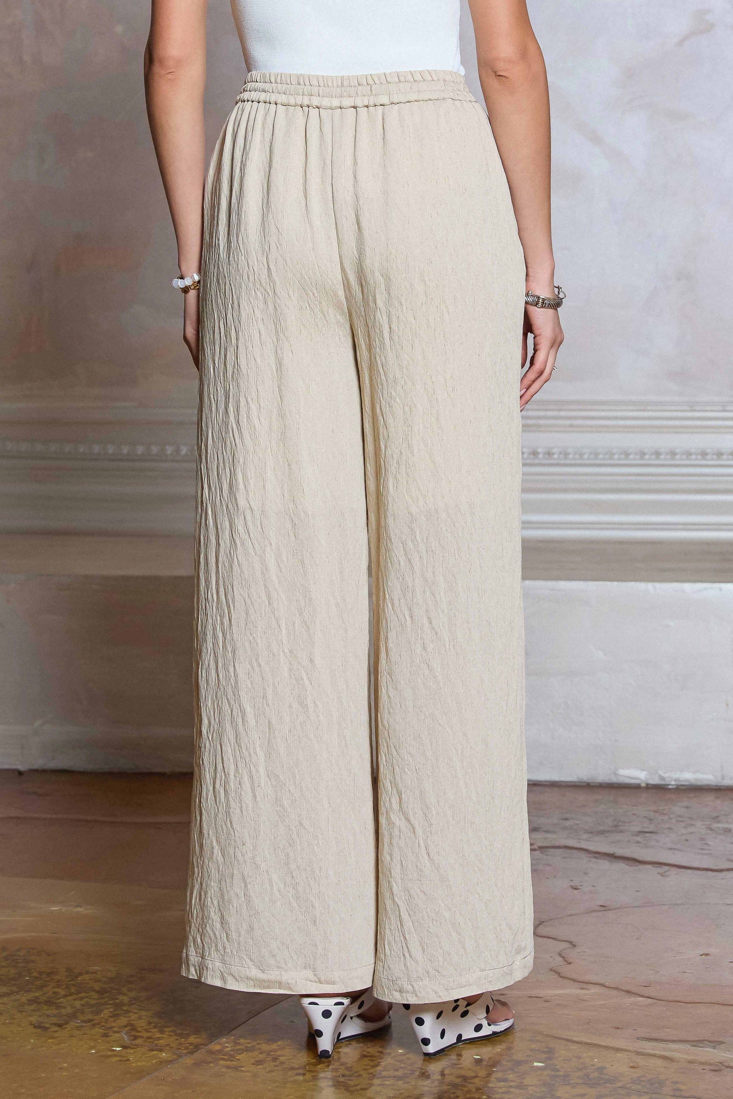 Crinkle Textured Drawstring Pants Natural