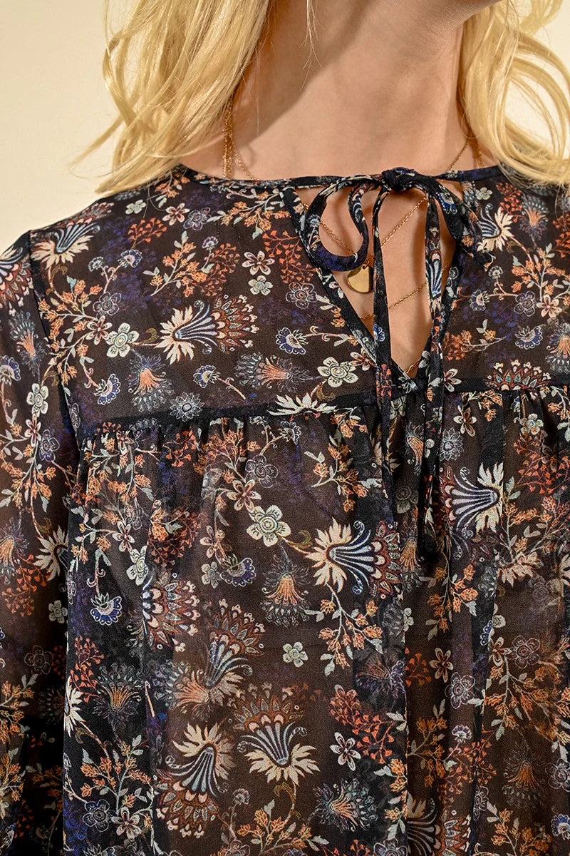 Western Floral Tie Neck Sheer Blouse Black Claire