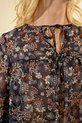 Western Floral Tie Neck Sheer Blouse Black Claire