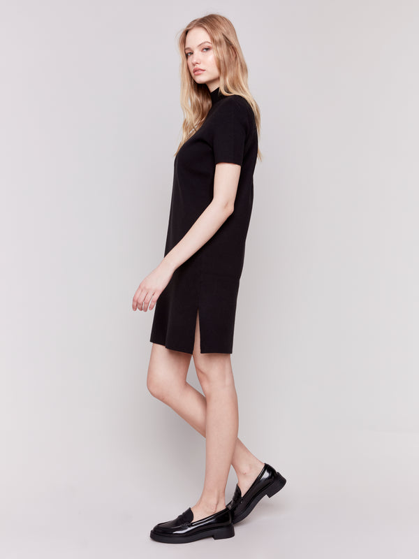 Knit Short Sleeve Mock Neck Dress Black