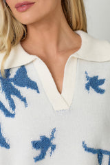 Textured Leaf Print Collared Sweater Ivory + Blue