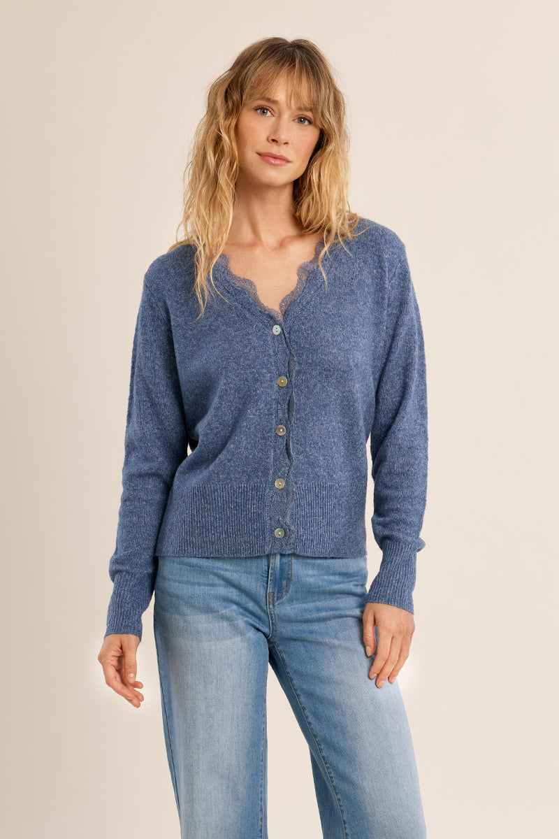 Scalloped Lace Trim Buttoned Cardigan Blue Denim