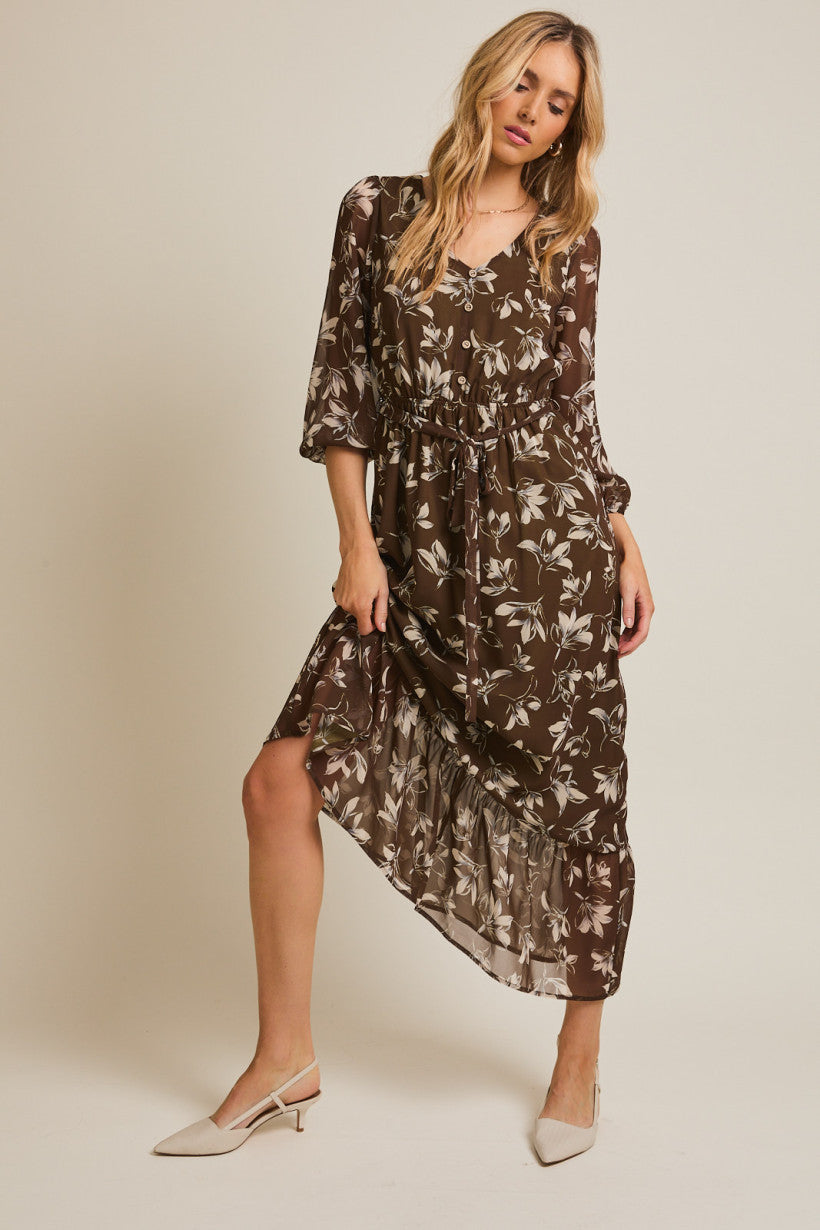 Vneck Button Up Long Sleeve Tie Waist Floral Maxi Dress Olive + Ivory