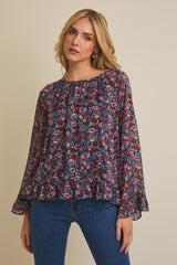Round Neck Ruffle Hem Floral Long Sleeve Top Navy Multi