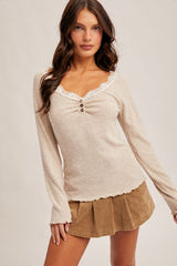 Brushed Rib Laced Trimmed Henley Top Soft Taupe