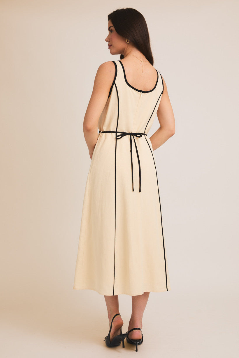Square Neck Contrast Piping Flare Hem Dress Cream + Black