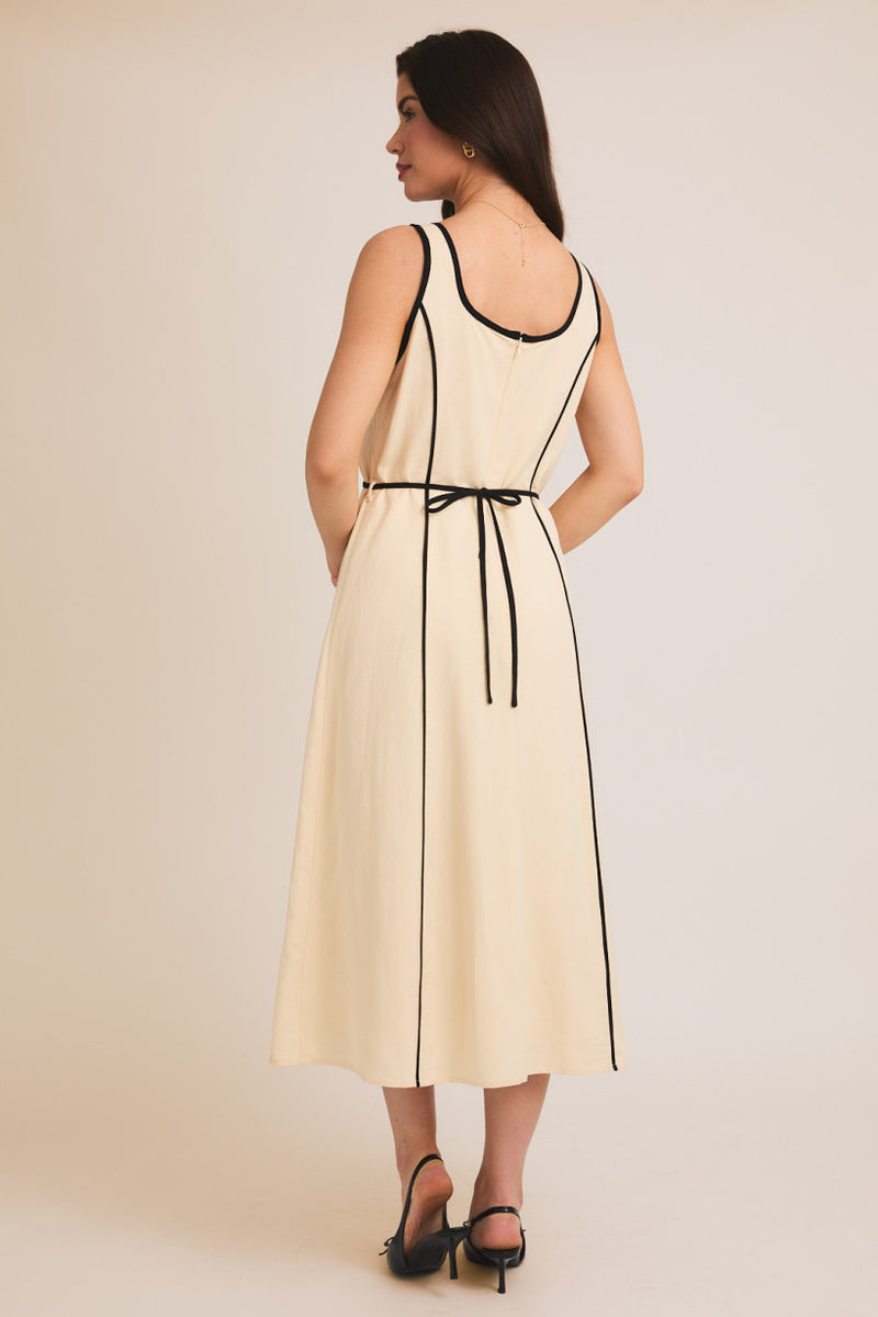 Square Neck Contrast Piping Flare Hem Dress Cream + Black