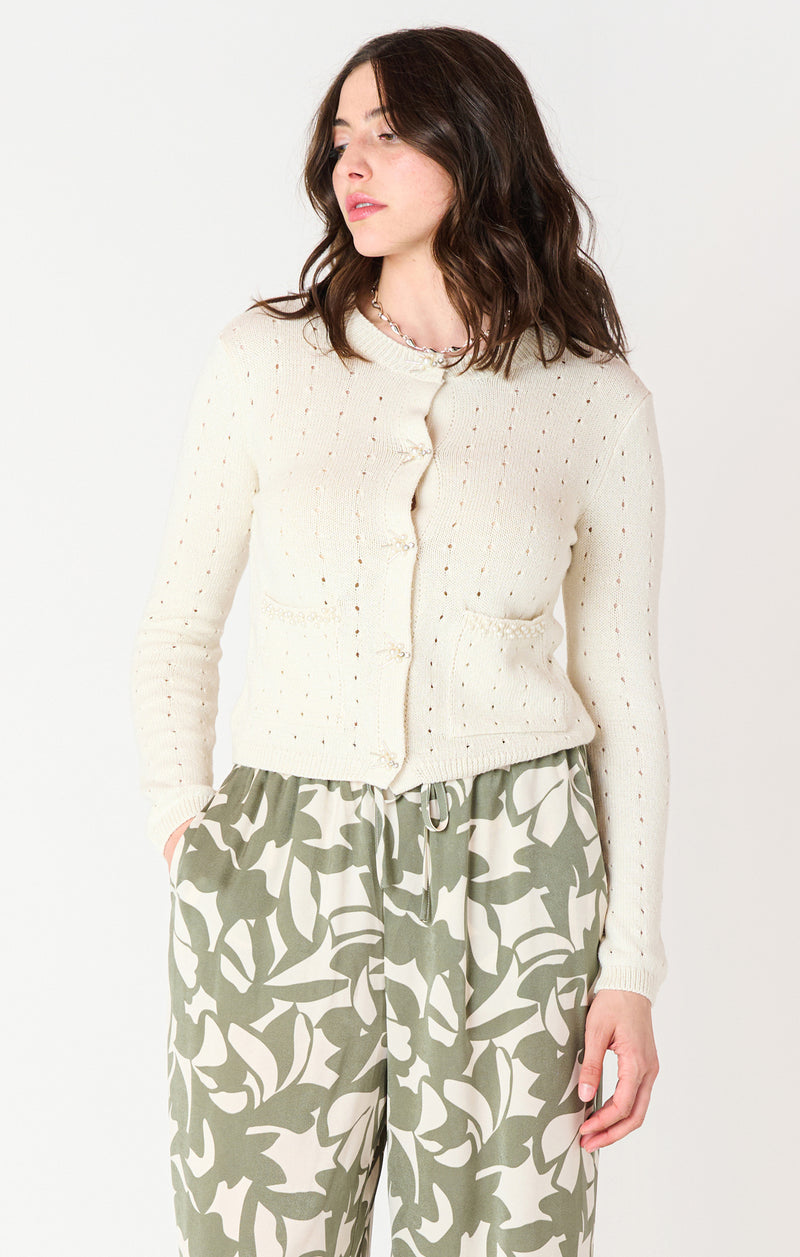 Pearl Detail Open Stitch Cardigan Ecru
