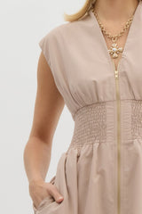 Vneck Sleevless Zipper Closure Midi Dress Latte
