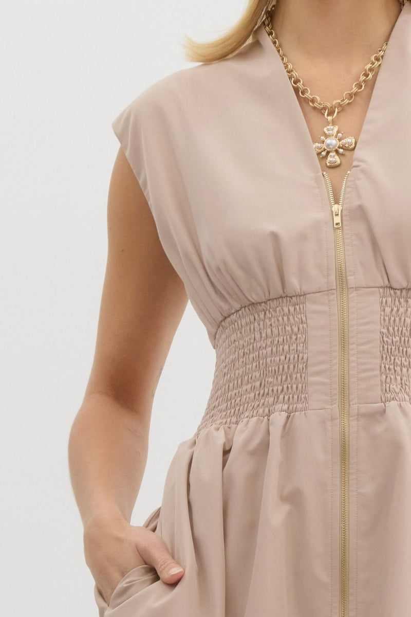 Vneck Sleevless Zipper Closure Midi Dress Latte