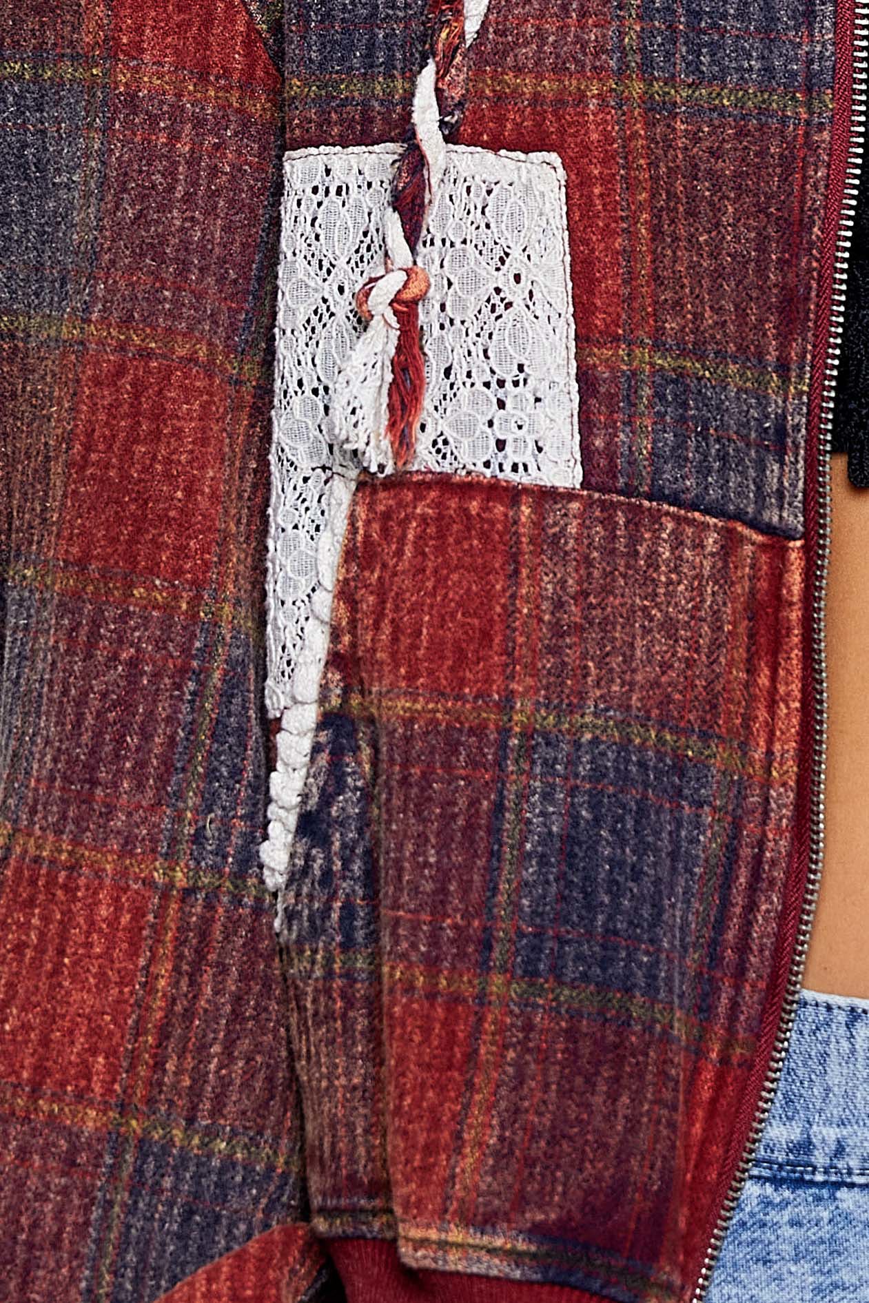 Lace Detail Plaid Zip Up Hoodie Jacket Wine Multi