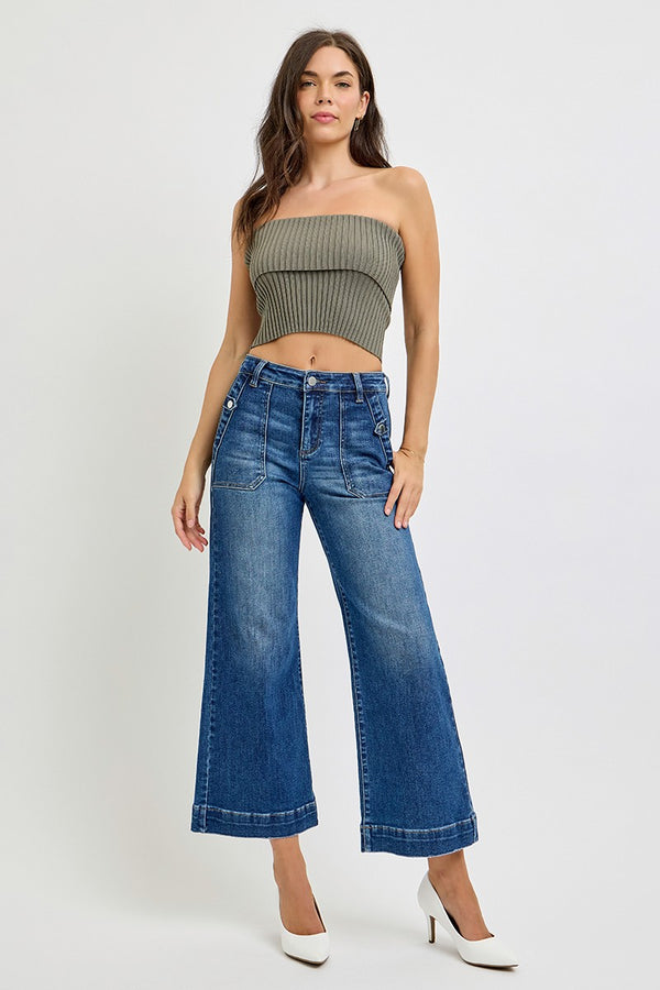 High Rise Ankle Wide Leg Tabbed Patch Pocket Jeans Dark