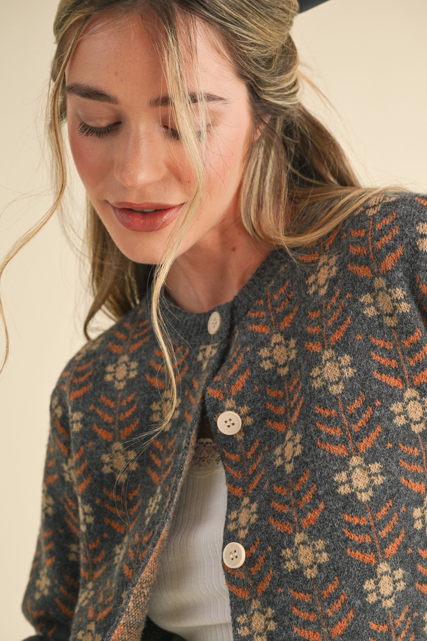Floral Jacquard Button up Sweater Cardi Charcoal