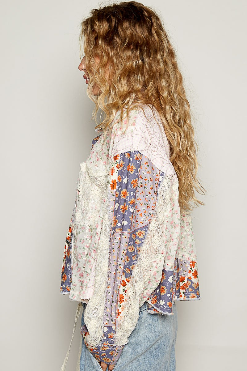 Cropped Mix Print Crochet Button Down Jacket Lavender Multi