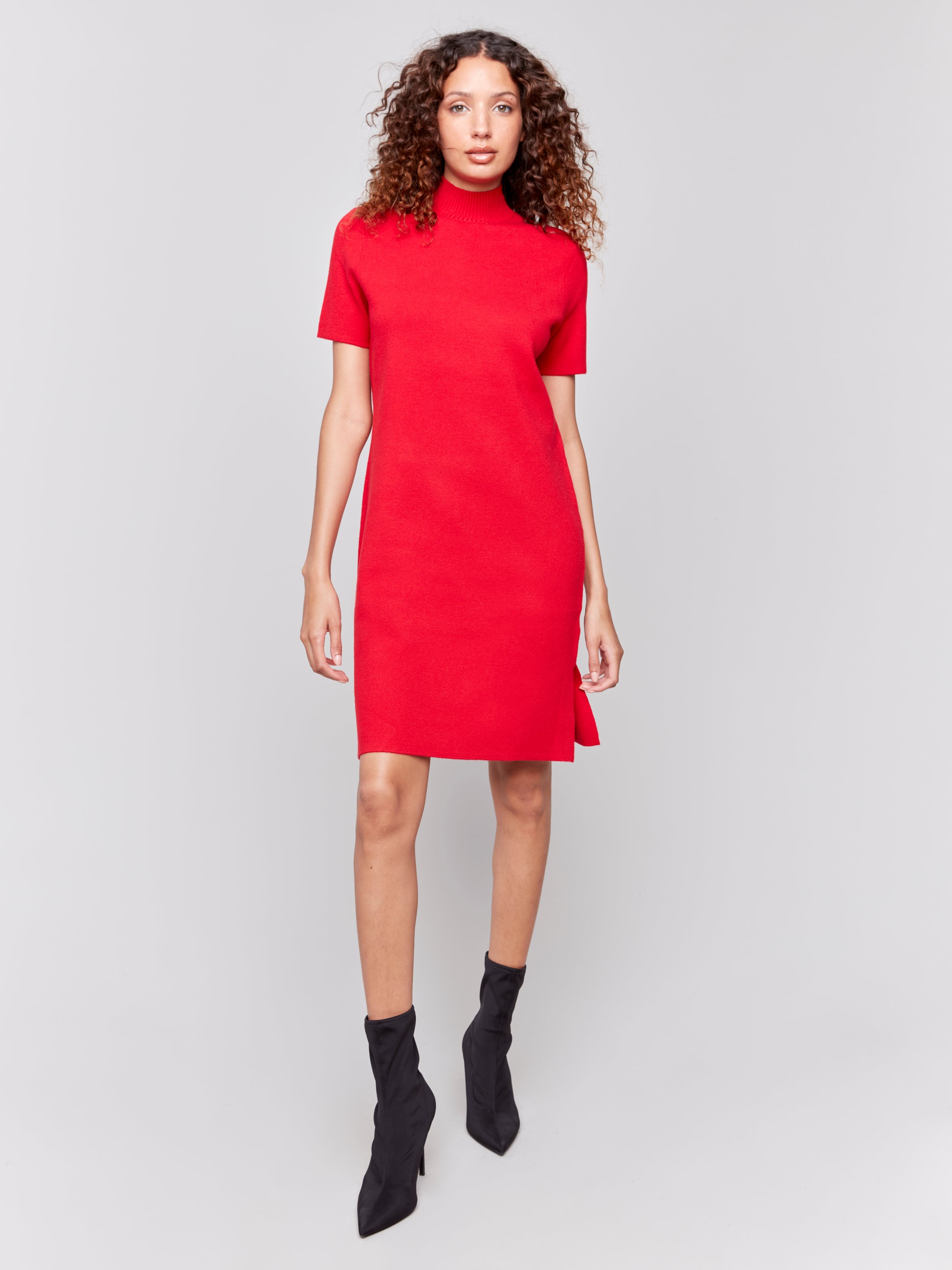 Knit Short Sleeve Mock Neck Dress Cranberry