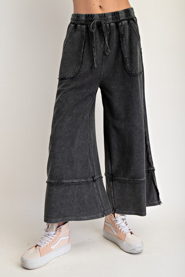 Mineral Wash Terry Knit Palazzo Pants Black