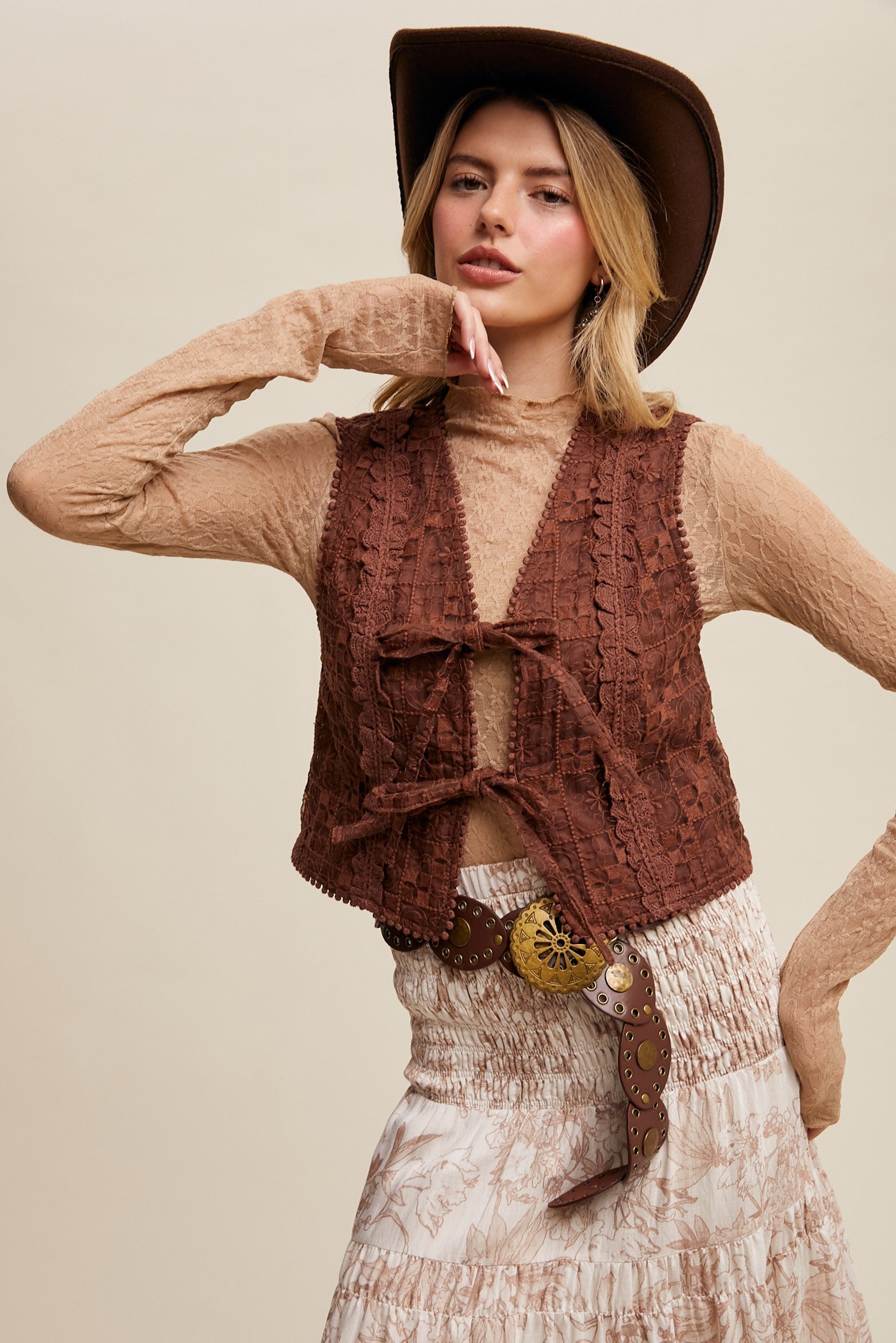 Embroidered Lace Tie-front Vest Mocha