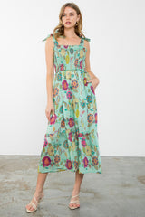 Tie Strap Smocked Tiered Retro Floral Midi Dress Sage