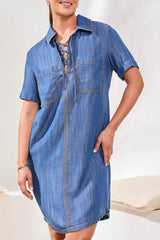 Lace Up Detail Popover Denim Shirt Dress Seaside Blue
