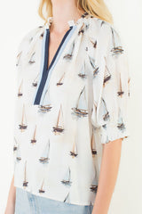 Puff Sleeve Sailboat Pattern V-Neck Top Cream
