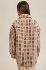 Boucle Textured Checker Print Shacket Coffee