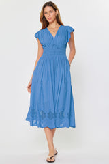 Embroidered Lace Flutter Sleeve Midi Dress Faded Blue