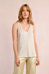 Metallic Details Vneck Knit Tank Off White