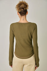 Blanket Stitch Accented Henley Top Olive
