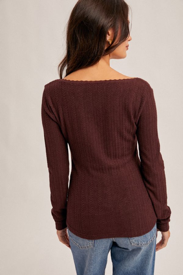 Edge Lace Neck Pointelle Knit Top Bordeaux