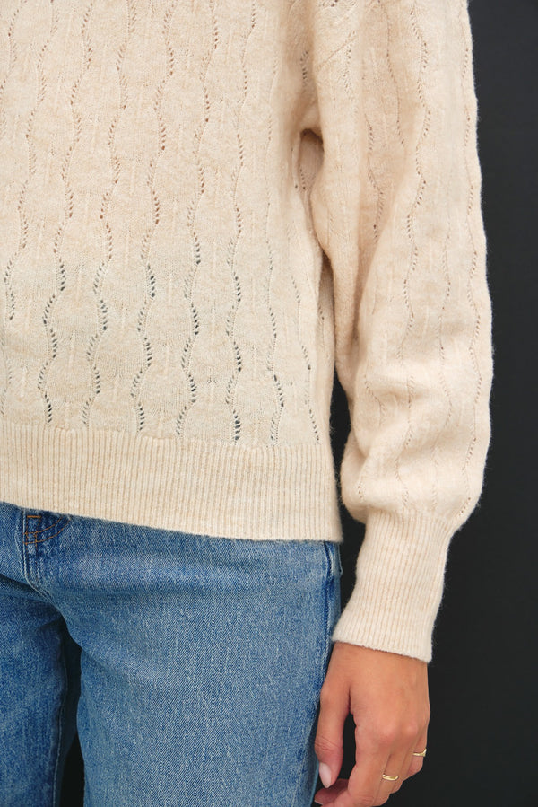 Cozy Crochet Knit Round Neck Sweater Cream