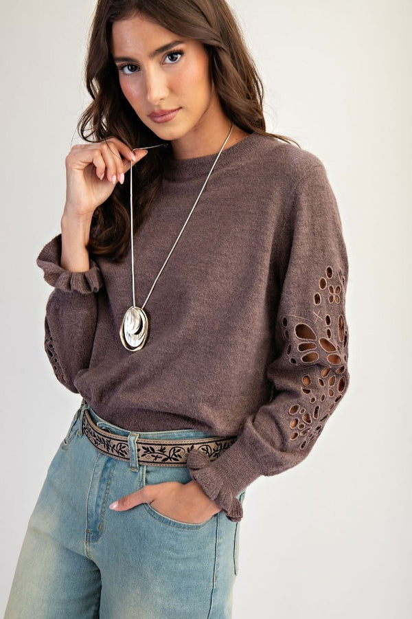 Eyelet Detailing Sleeve Sweater Top Mocha