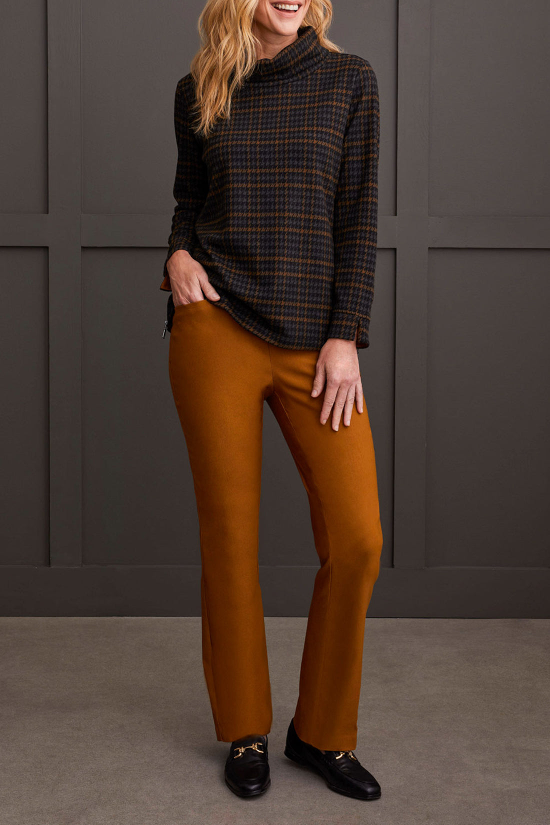 Zip Side Printed Cowl Neck Top Walnut Plaid