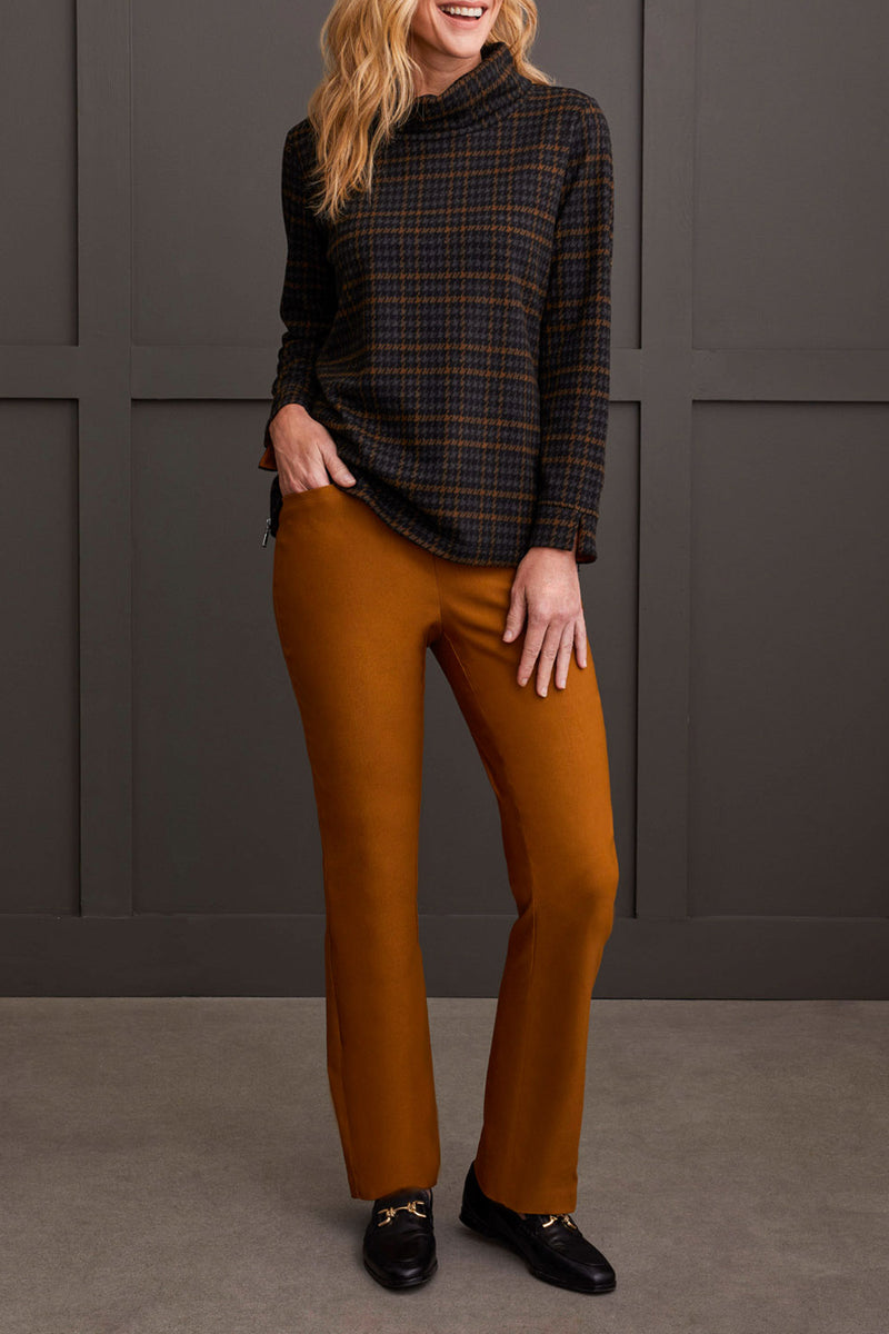 Zip Side Printed Cowl Neck Top Walnut Plaid