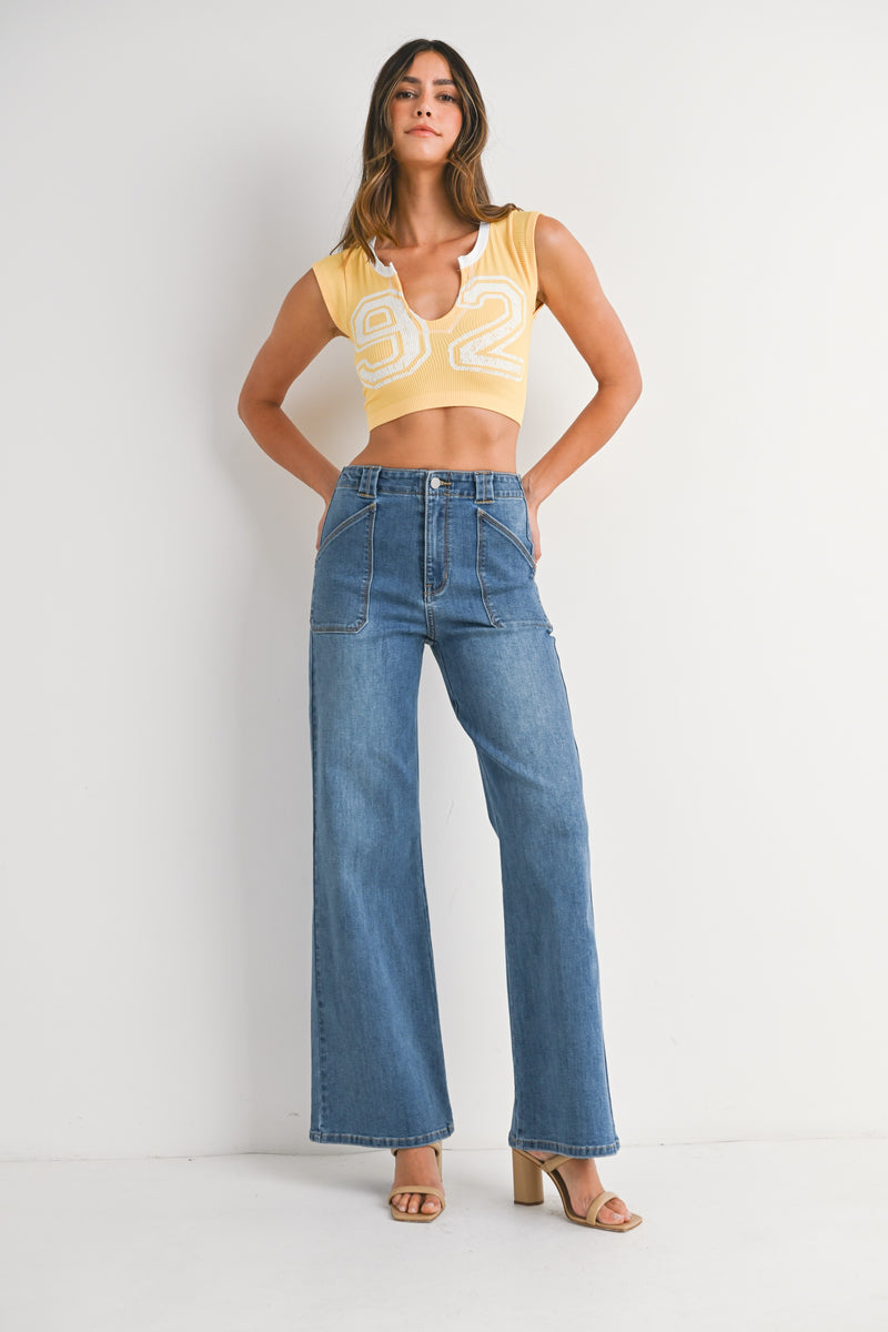 Patch Pocket Wide Leg Flare Jeans Medium Denim