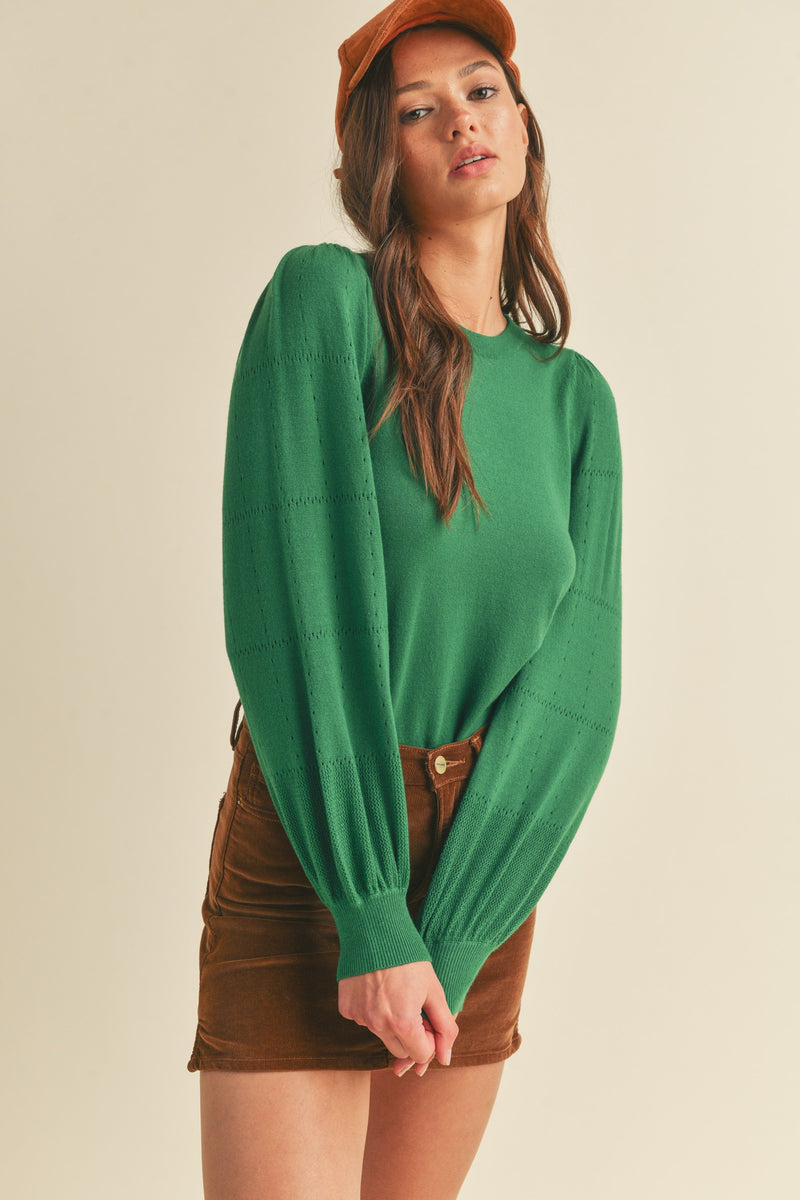 Pointelle Puff Sleeve Sweater Top Rosemary Green