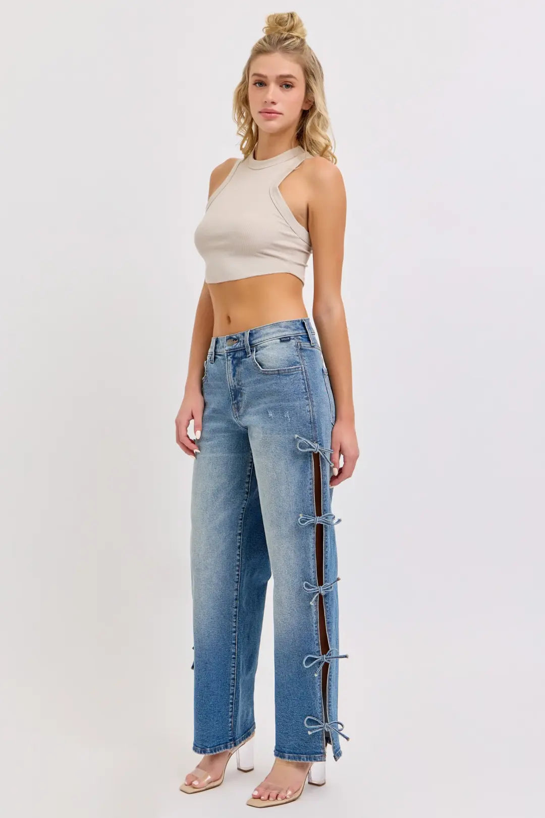 Side Self Tie Mid Rise Baggy Dad Jeans Medium