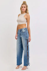 Side Self Tie Mid Rise Baggy Dad Jeans Medium