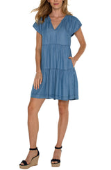 Tiered Flutter Sleeve Tie Neck Dress Delwood