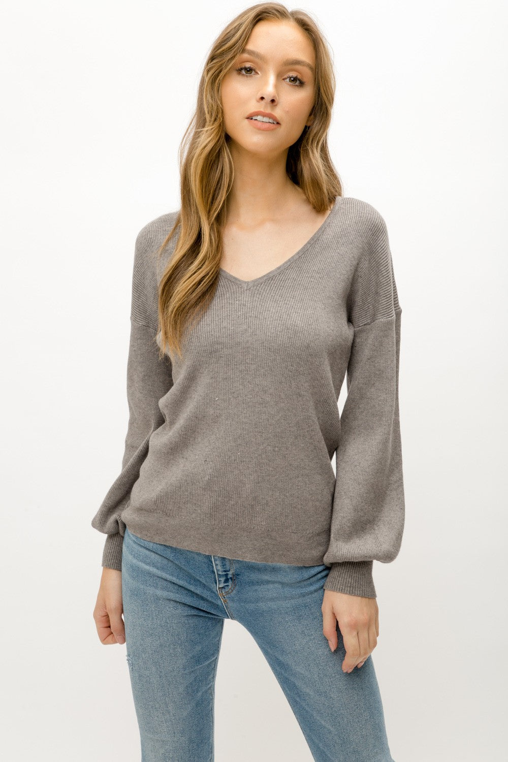 Vneck Balloon Sleeve Sweater Grey