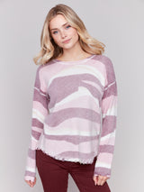 Wavy Print Reversible Dist. Hem Plush Sweater Burgundy