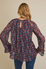 Round Neck Ruffle Hem Floral Long Sleeve Top Navy Multi