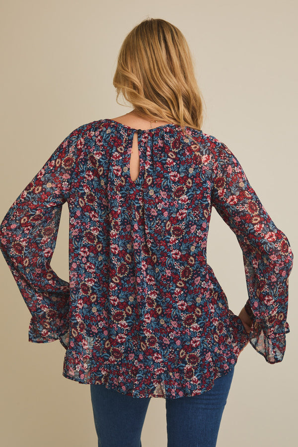 Round Neck Ruffle Hem Floral Long Sleeve Top Navy Multi
