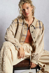 Textured Knit Plaid Contrast Jacket Sand