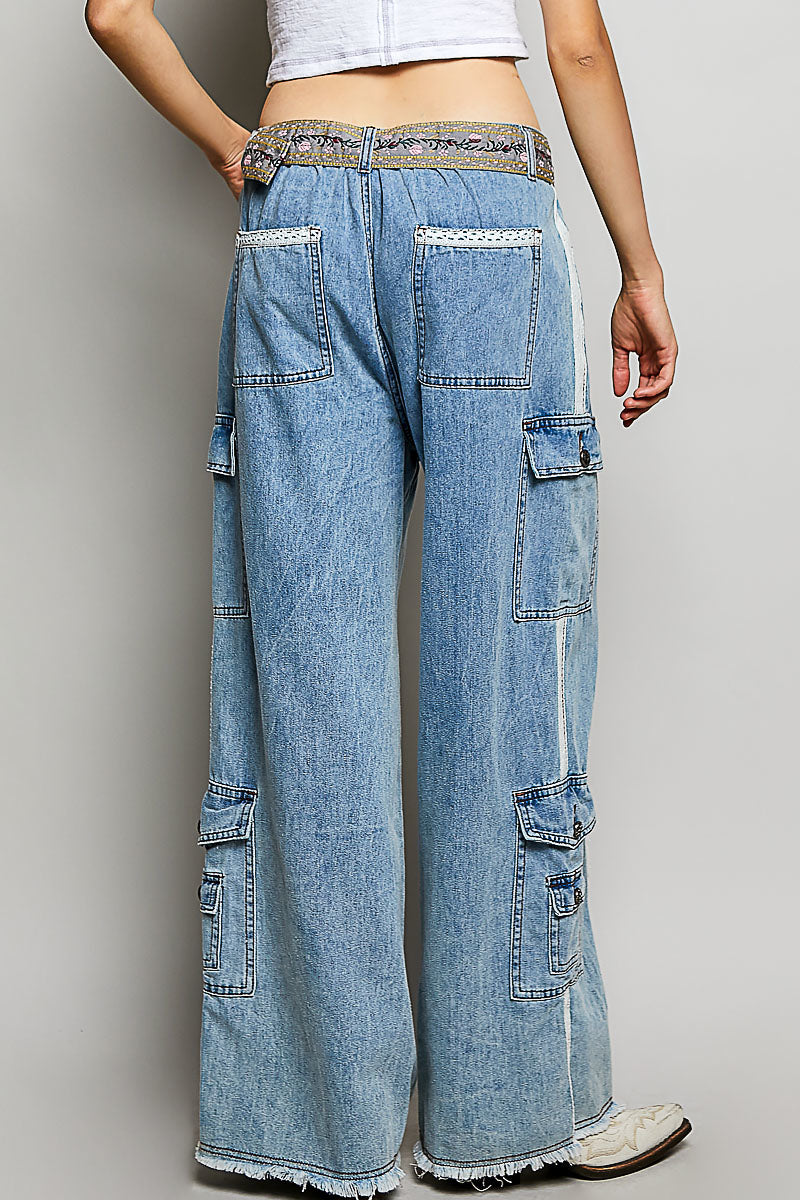 Lace Trim Relax Fit Twill Cargo Pants Denim