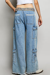 Lace Trim Relax Fit Twill Cargo Pants Denim